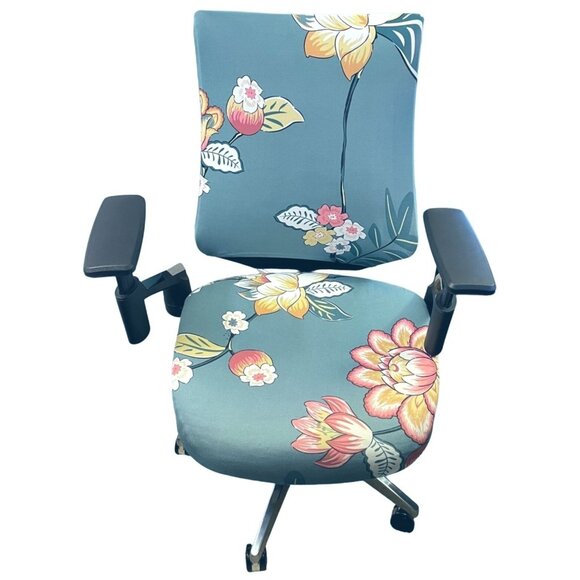Office Chair Seat and Back Covers Floral Pattern Teal Cloth Elastic Closure - Picture 1 of 5